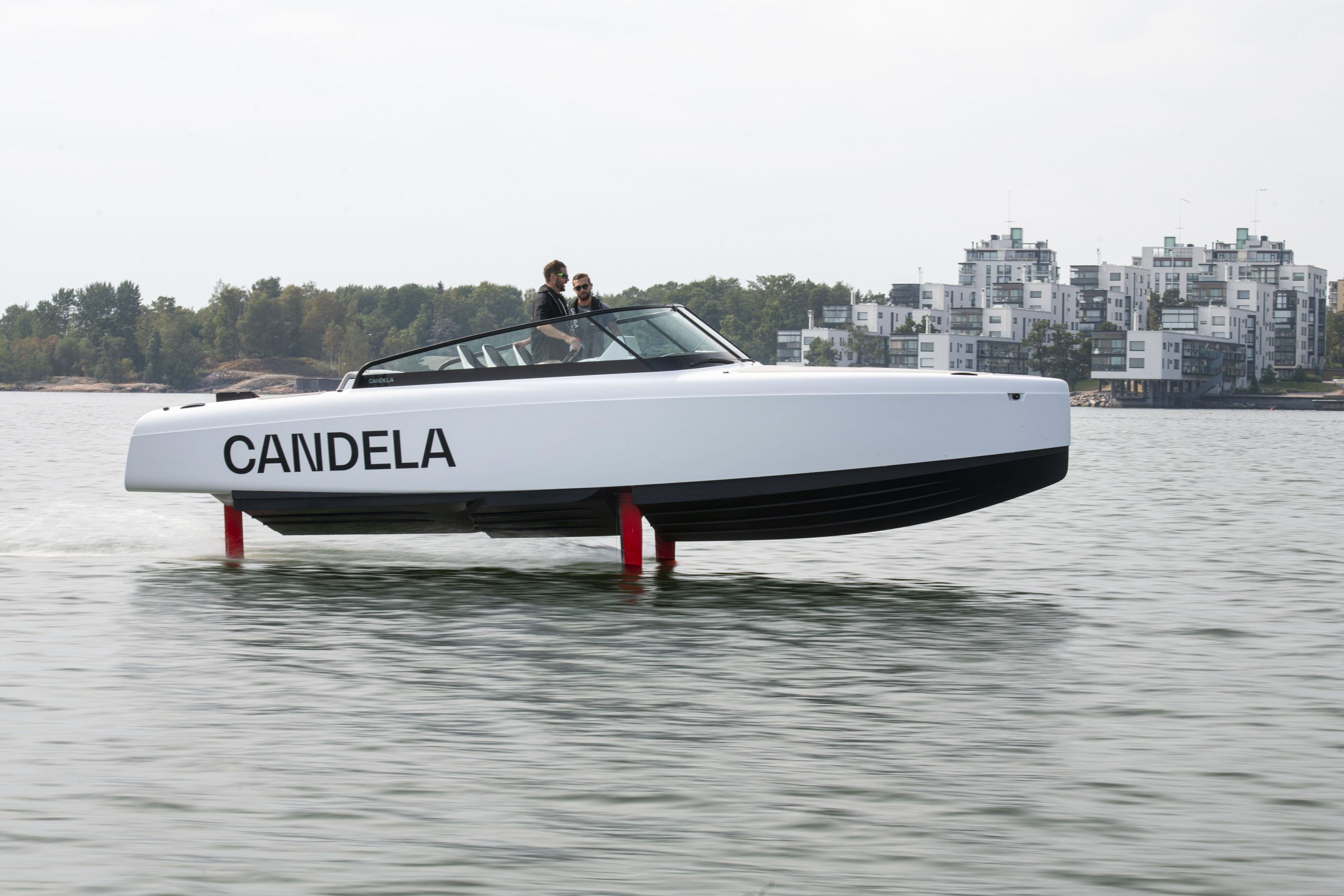 A Candela hydrofoil powered by Polestar batteries on the water