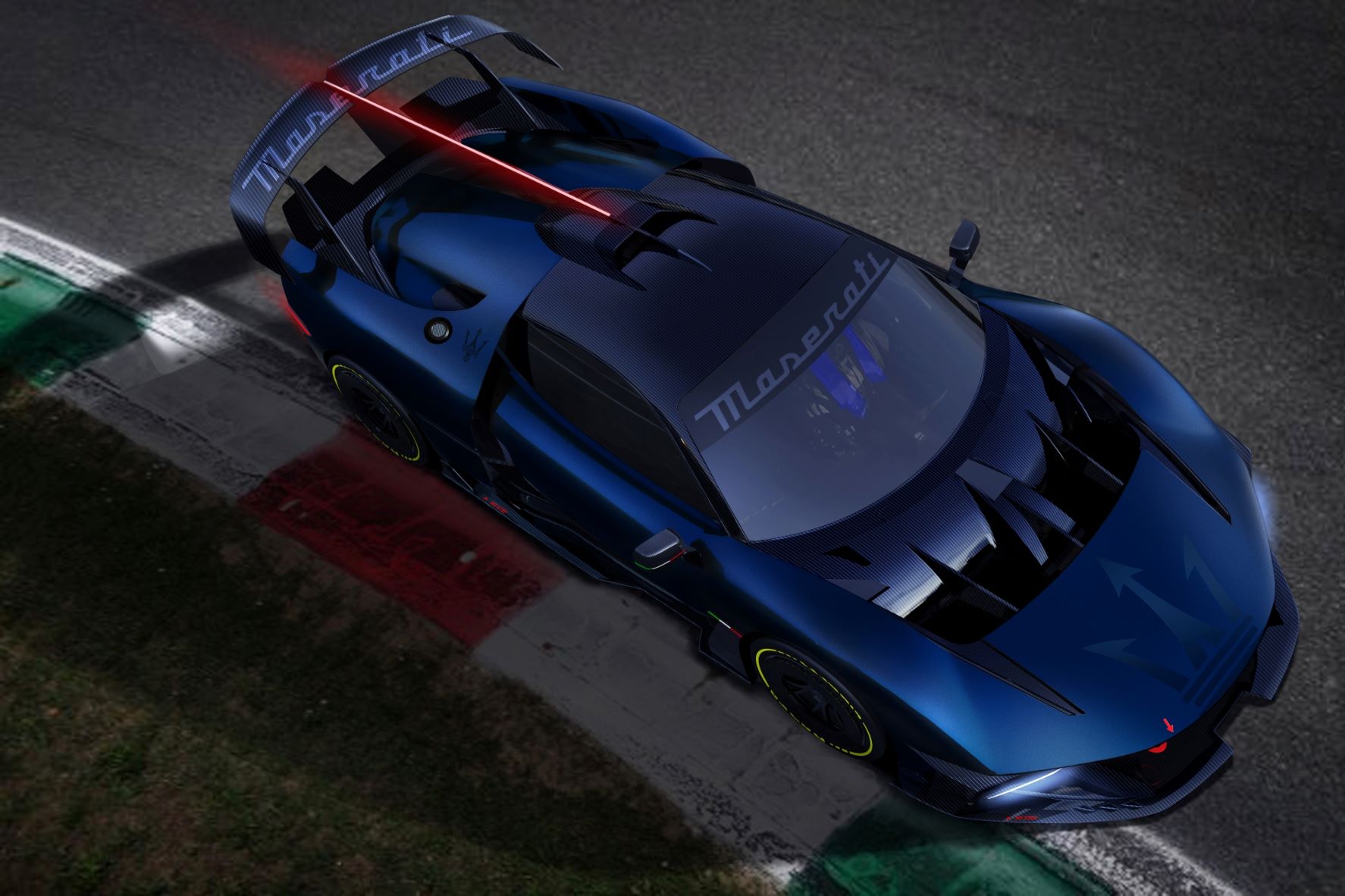 Overhead view of a blue Maserati Project24 car on the racetrack