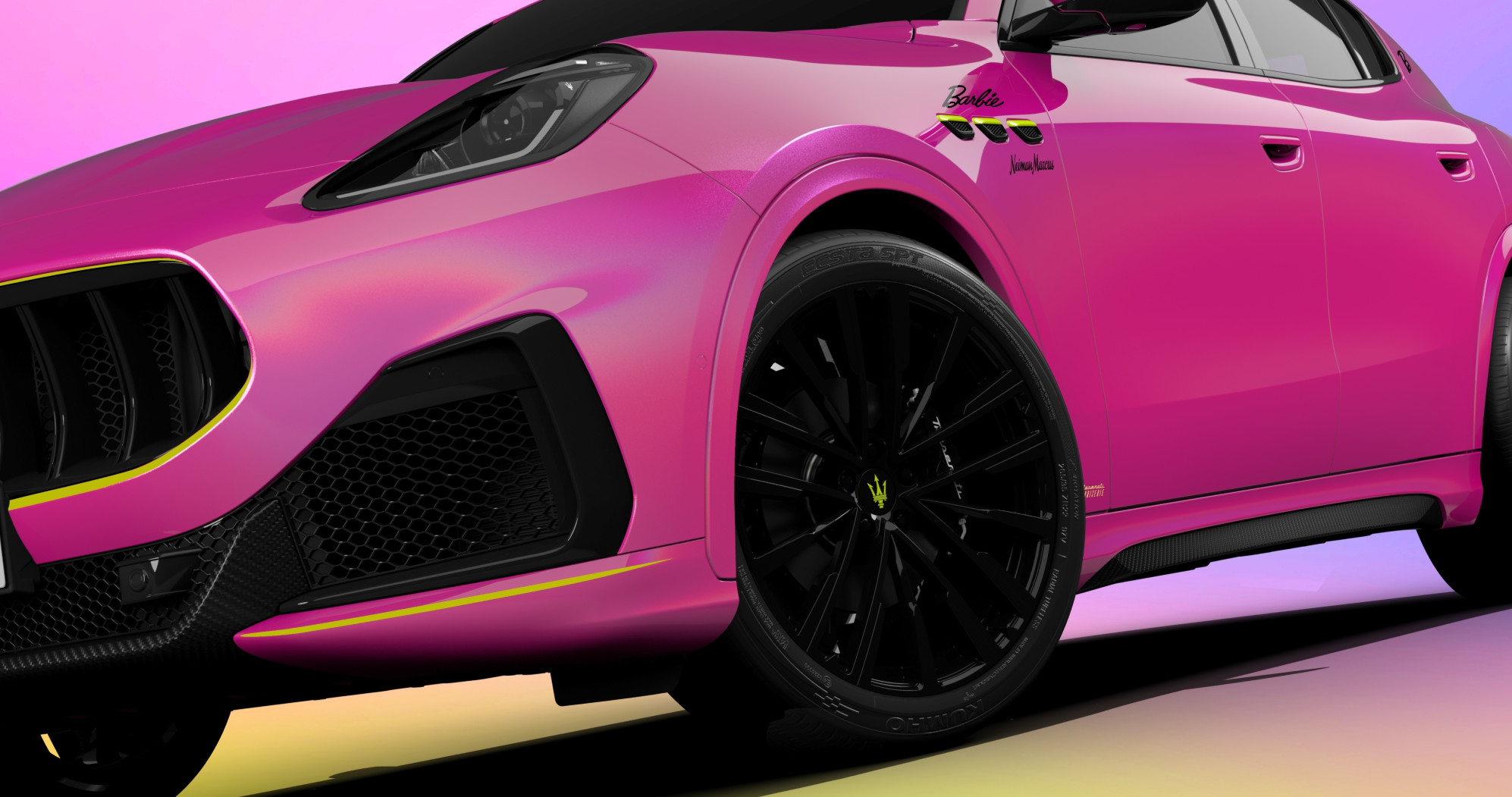 Zoomed in front three quarters view of the one-off Maserati Grecale Barbie in pink