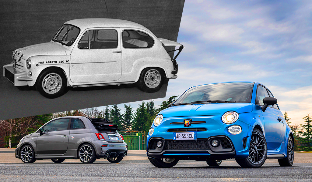 Abarth 131 Rally Car pictured with the modern Abarth 695 Tributo which takes inspiration from it.