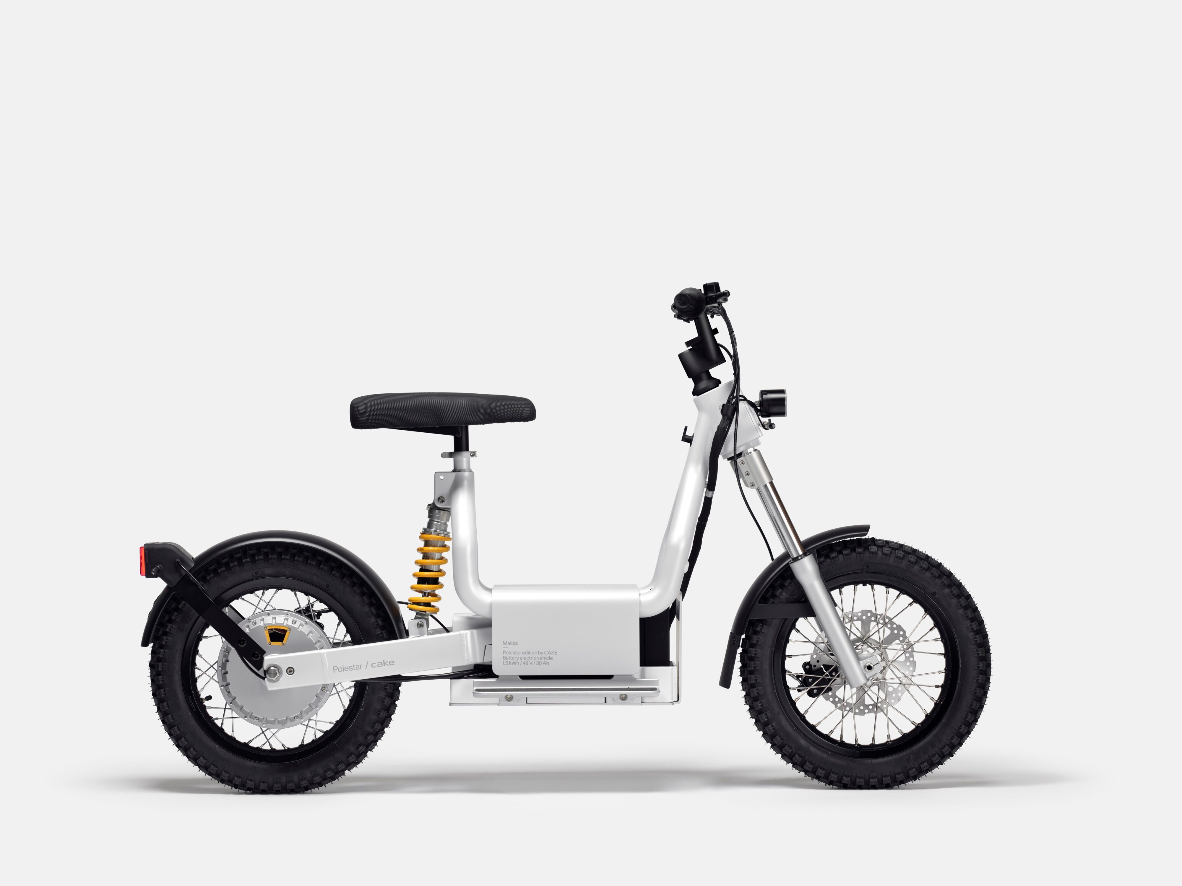 Side view of the original CAKE Makka Polestar edition electric moped in white