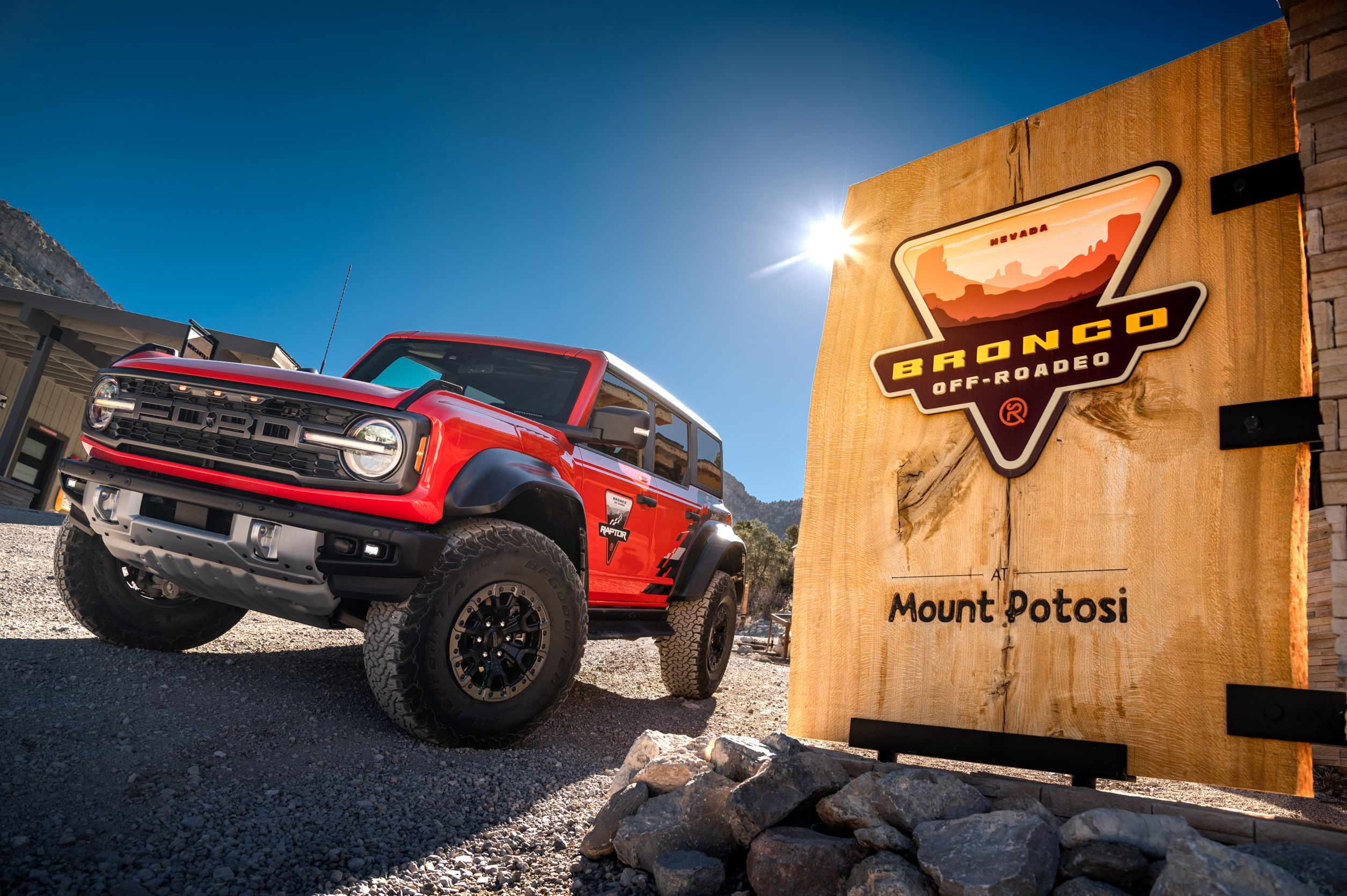 A red Ford Bronco Raptor pictured in front of the entrance to Mt.Potosi