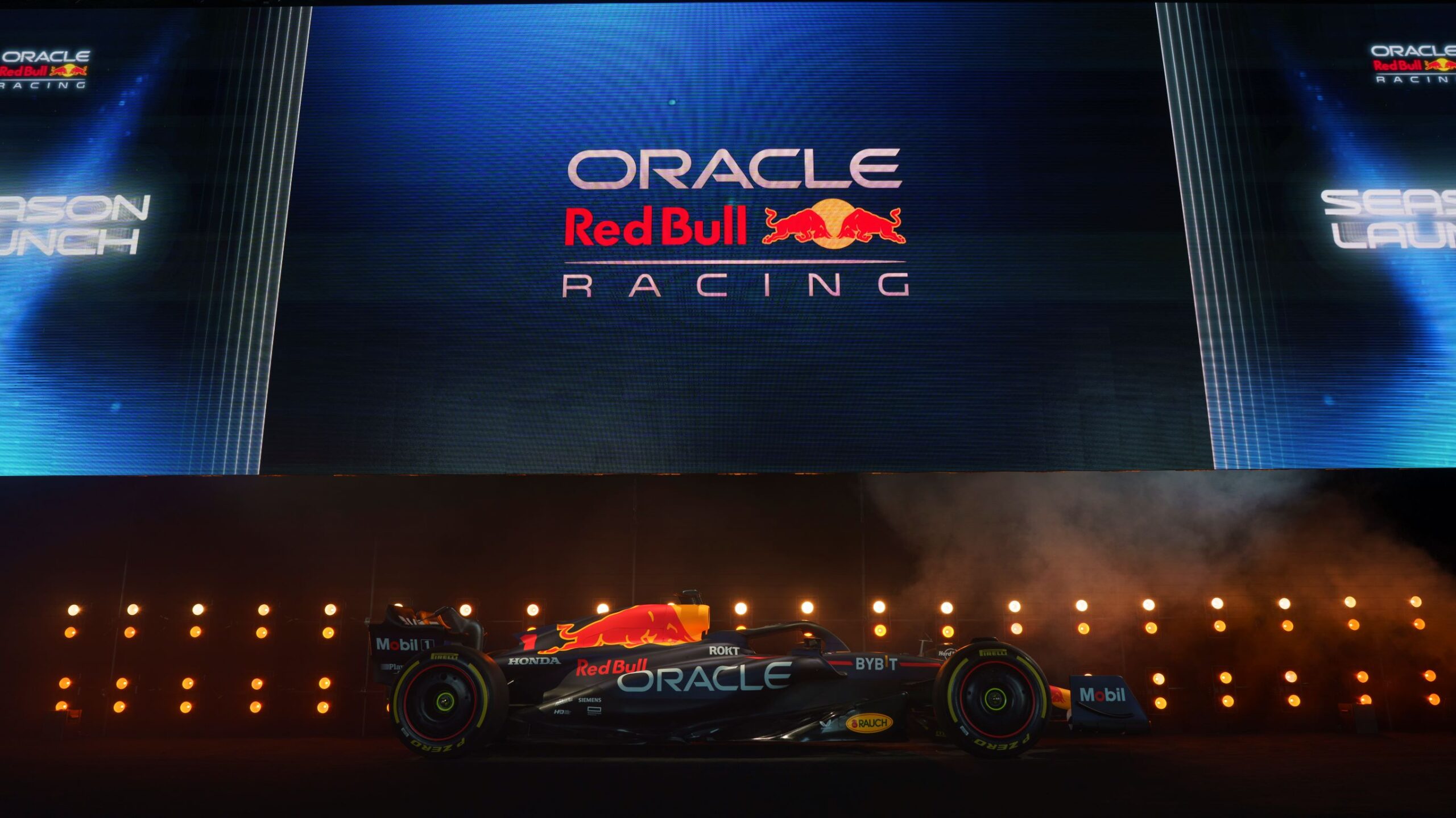 A Red Bull RBPT F1 car on stage at the announcement between Ford and Red Bull.