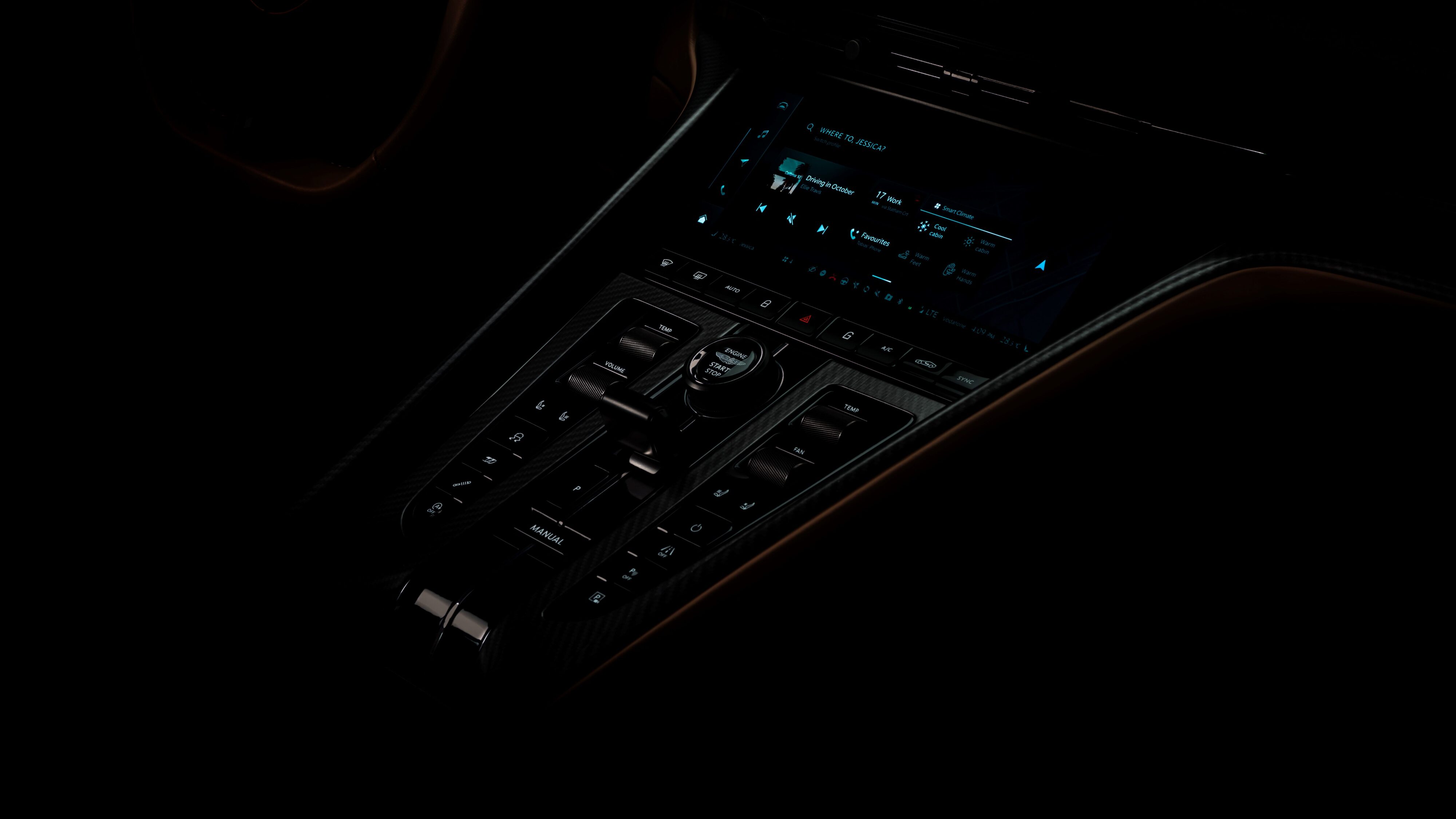 The technology on the centre console in focus on the new Aston Martin DB car
