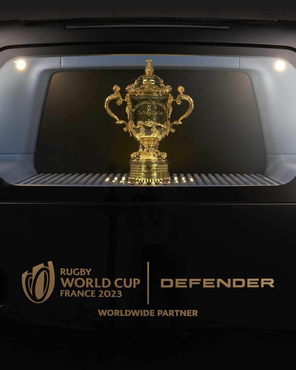 A view of the rear of the Defender 110's trophy cabinet with the Webb Ellis Cup on display