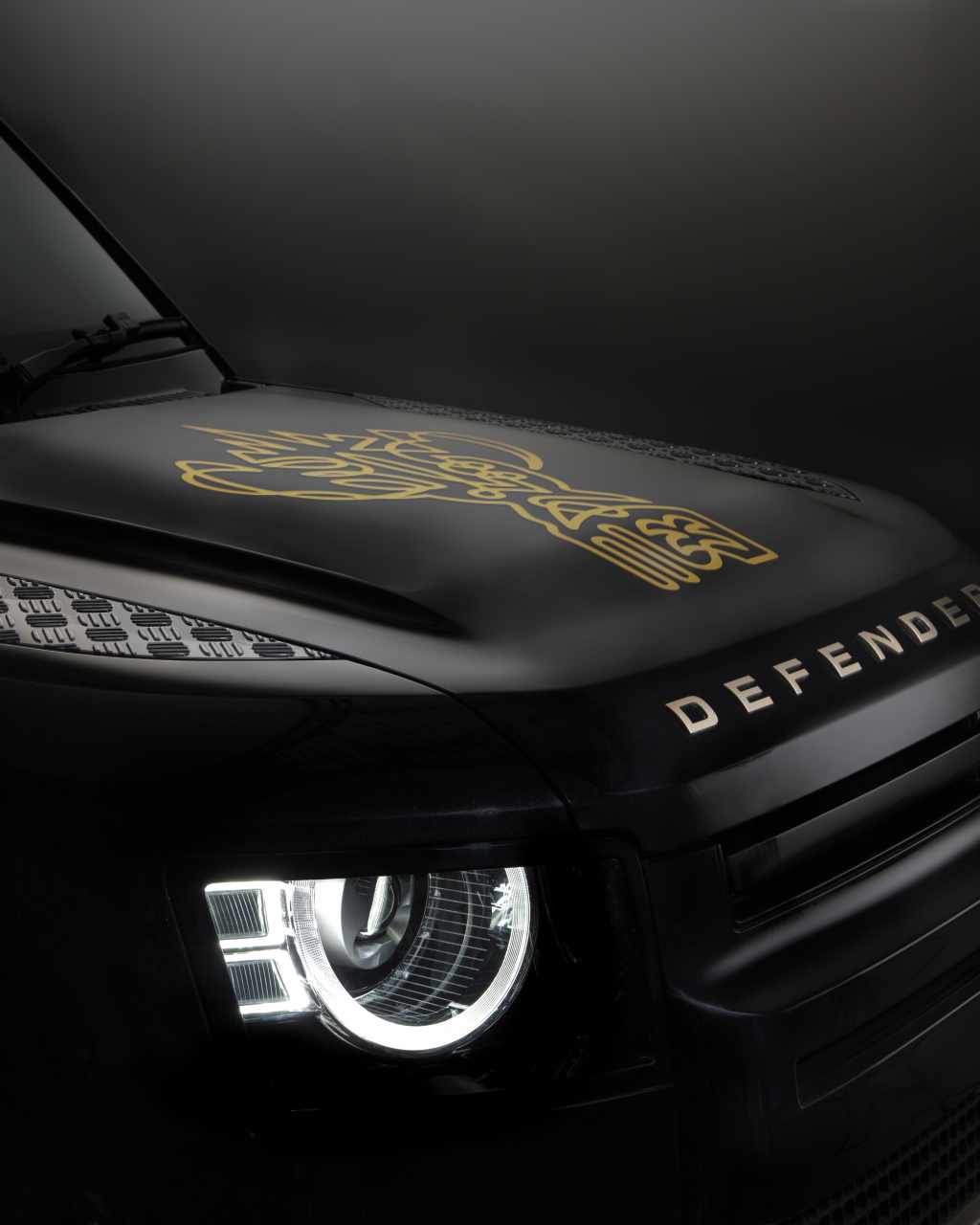 A shot of the bonnet of the Defender 110 with graphics of the Rugby World Cup 2023 applied to the bonnet