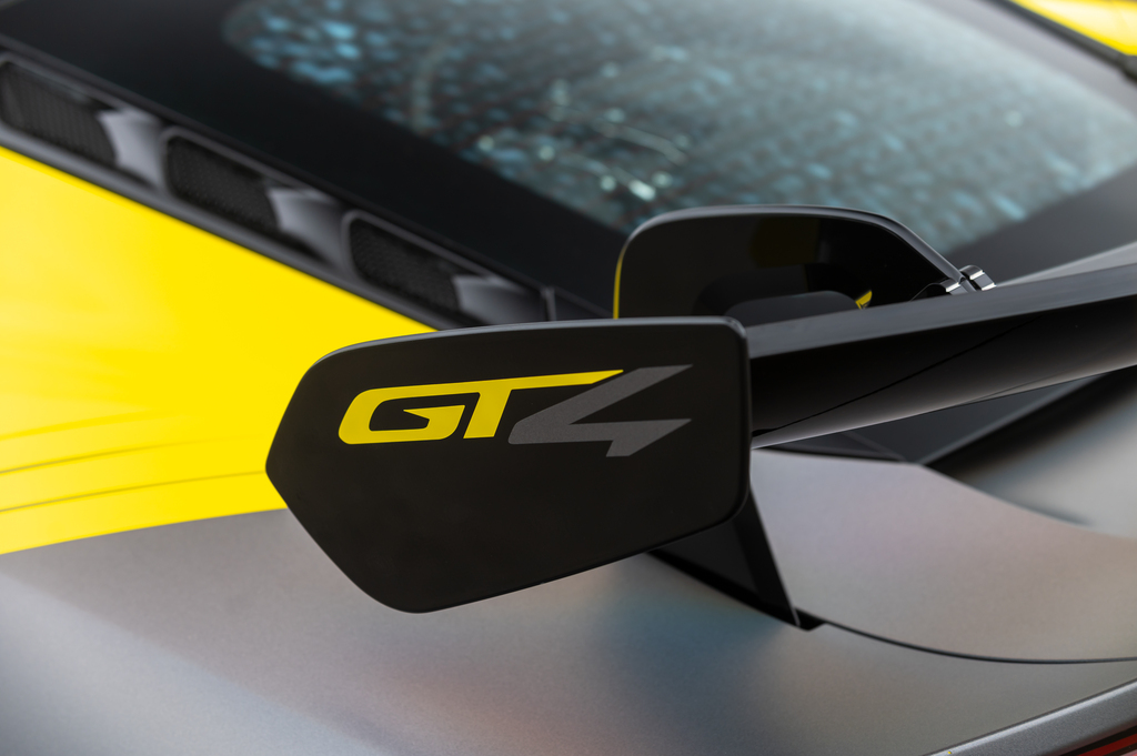 GT4 branded spoiler on the Lotus Emira GT4 racecar