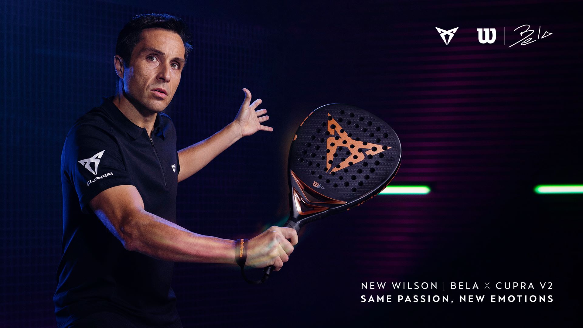 A shot of Fernando Belasteguin wearing Cupra Wilson clothing, showing off the new Wilson Bela Cupra V2 racquet
