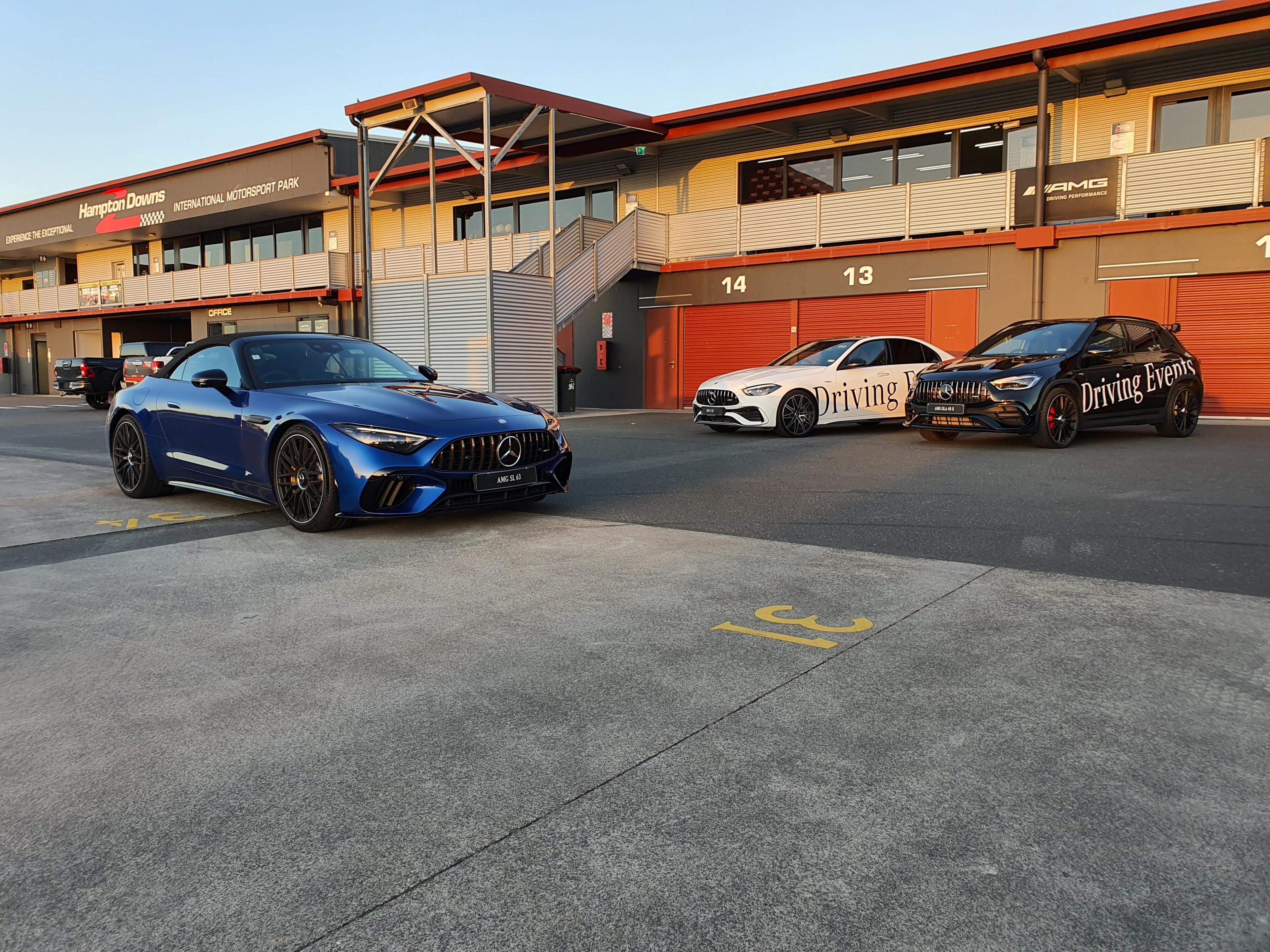 A range of Mercedes-AMG cars in frame including an SL63S AMG, C43 AMG and GLA 45S AMG at Hampton Downs Motorsport Park NZ for Mercedes' Driving Events programme.