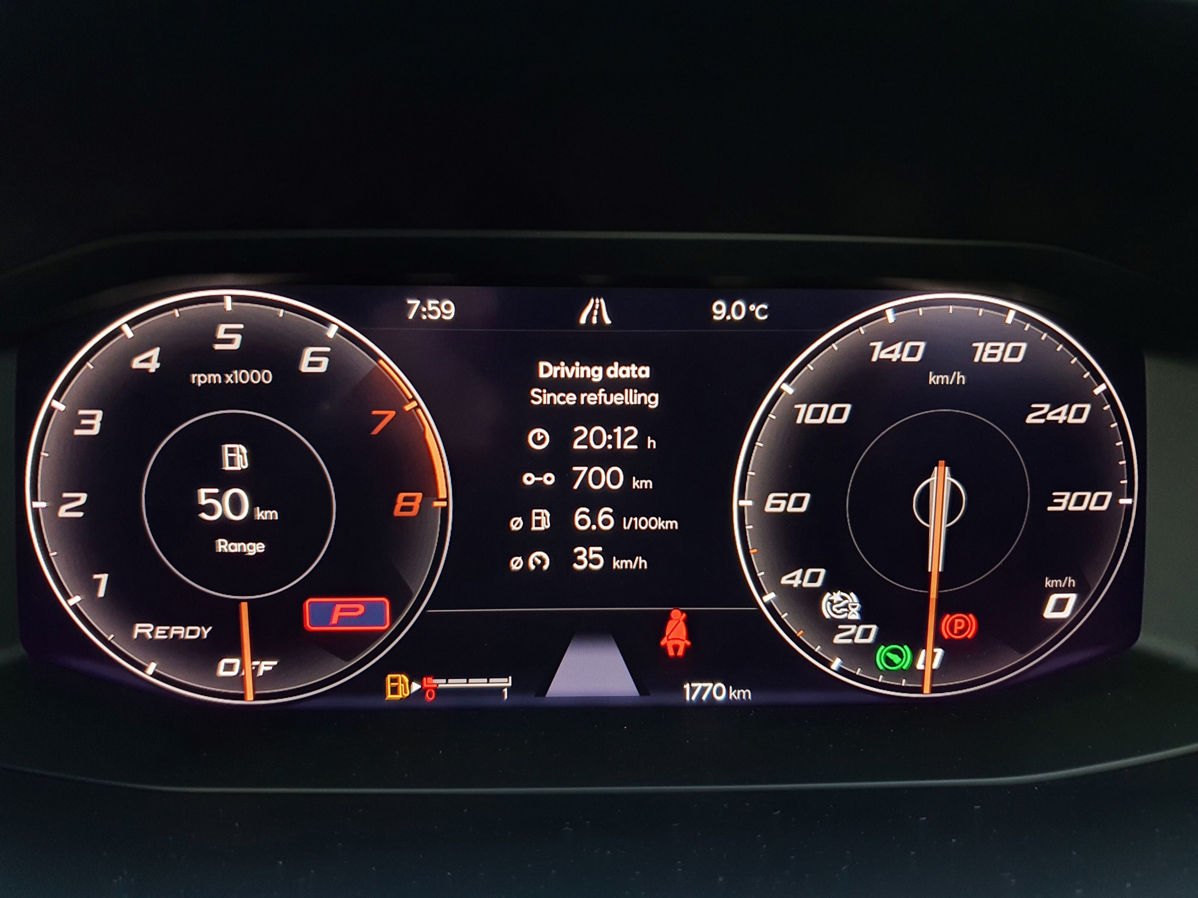 View of the digital instrument cluster on a 2023 Cupra Leon V Sports Tourer.