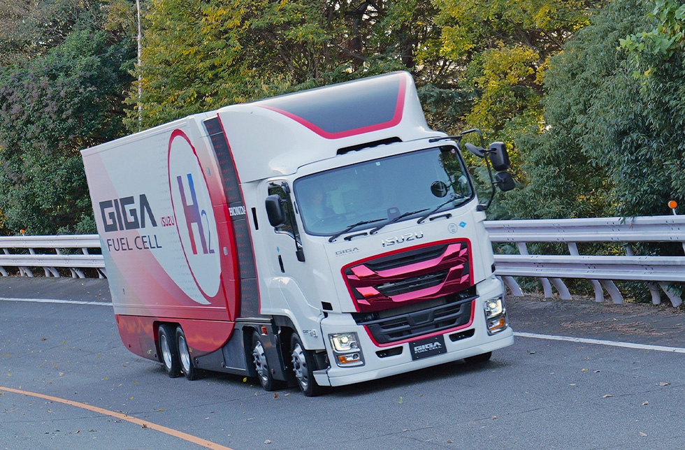 A prototype of a Honda Isuzu Hydrogen Fuel Cell powered truck during testing.