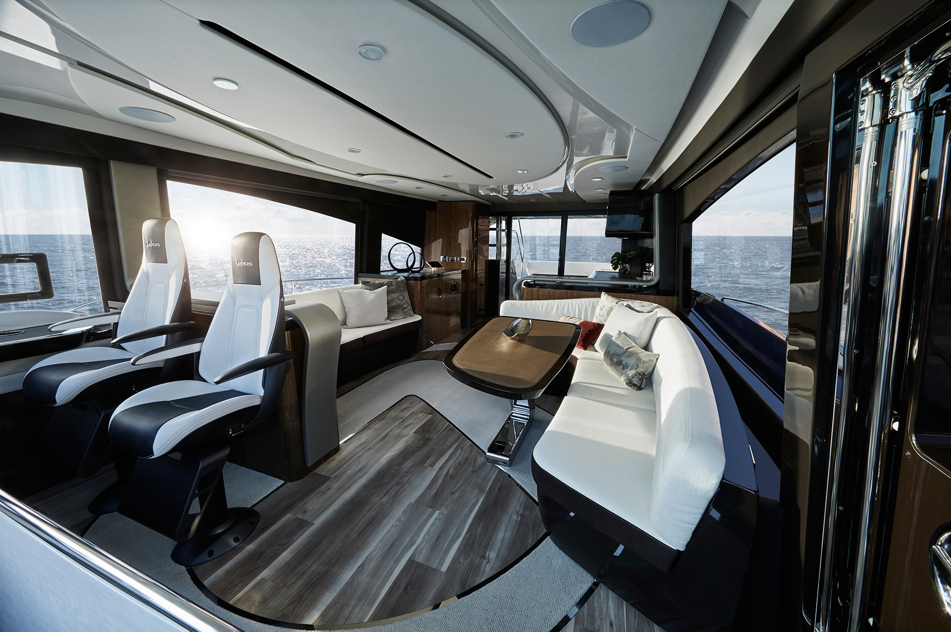 A view of the main cabin area inside the Lexus LY 680 yacht.