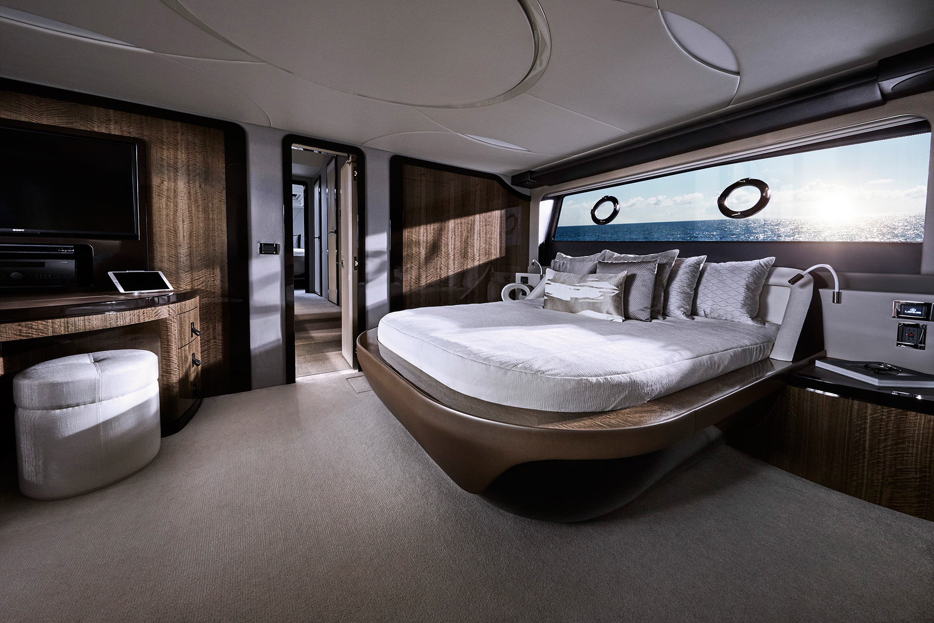 A view of a bedroom inside the Lexus LY 680 yacht.