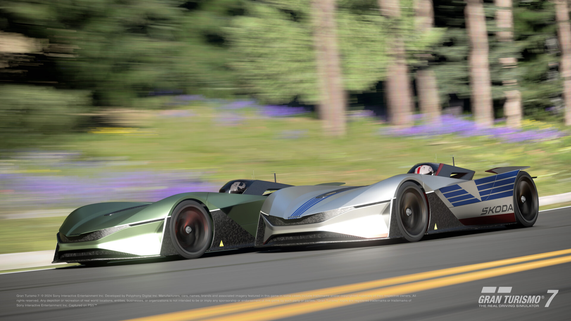 An in-game photo of two Skoda Vision GTs racing side by side. Taken on Gran Turismo 7.