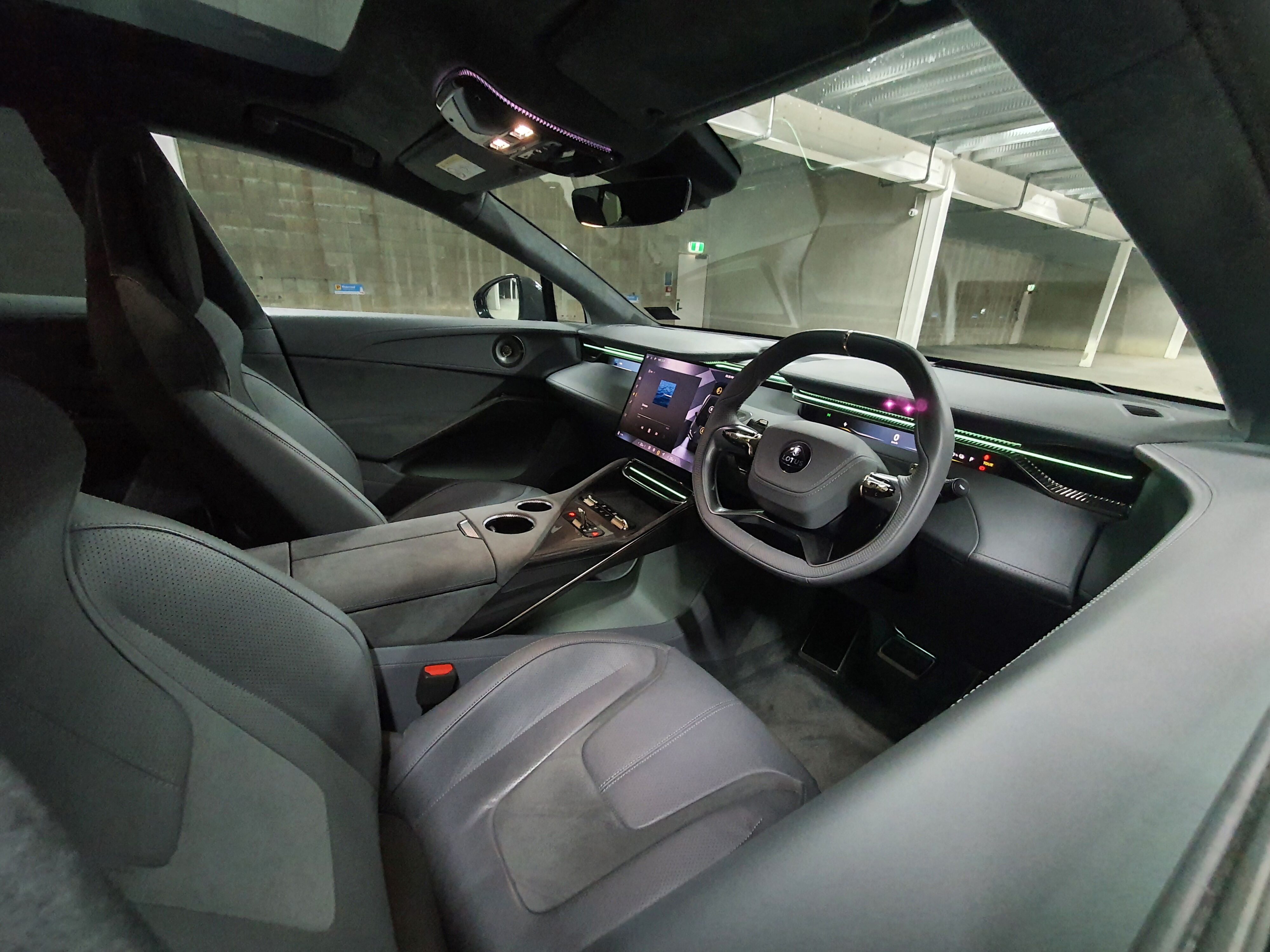 A wide angle view of the interior of a 2024 Lotus Eletre R.