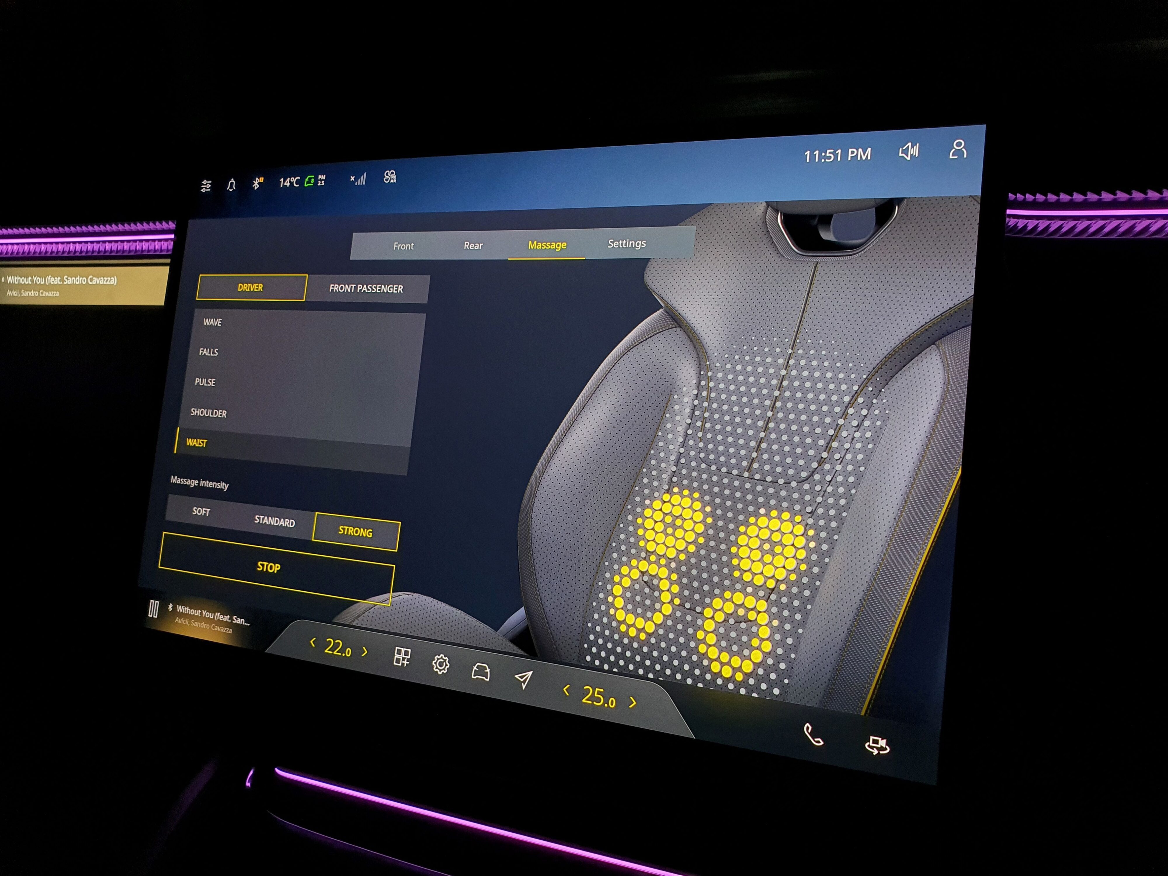 Massage screen functionality on the infotainment screen of a 2024 Lotus Eletre S.