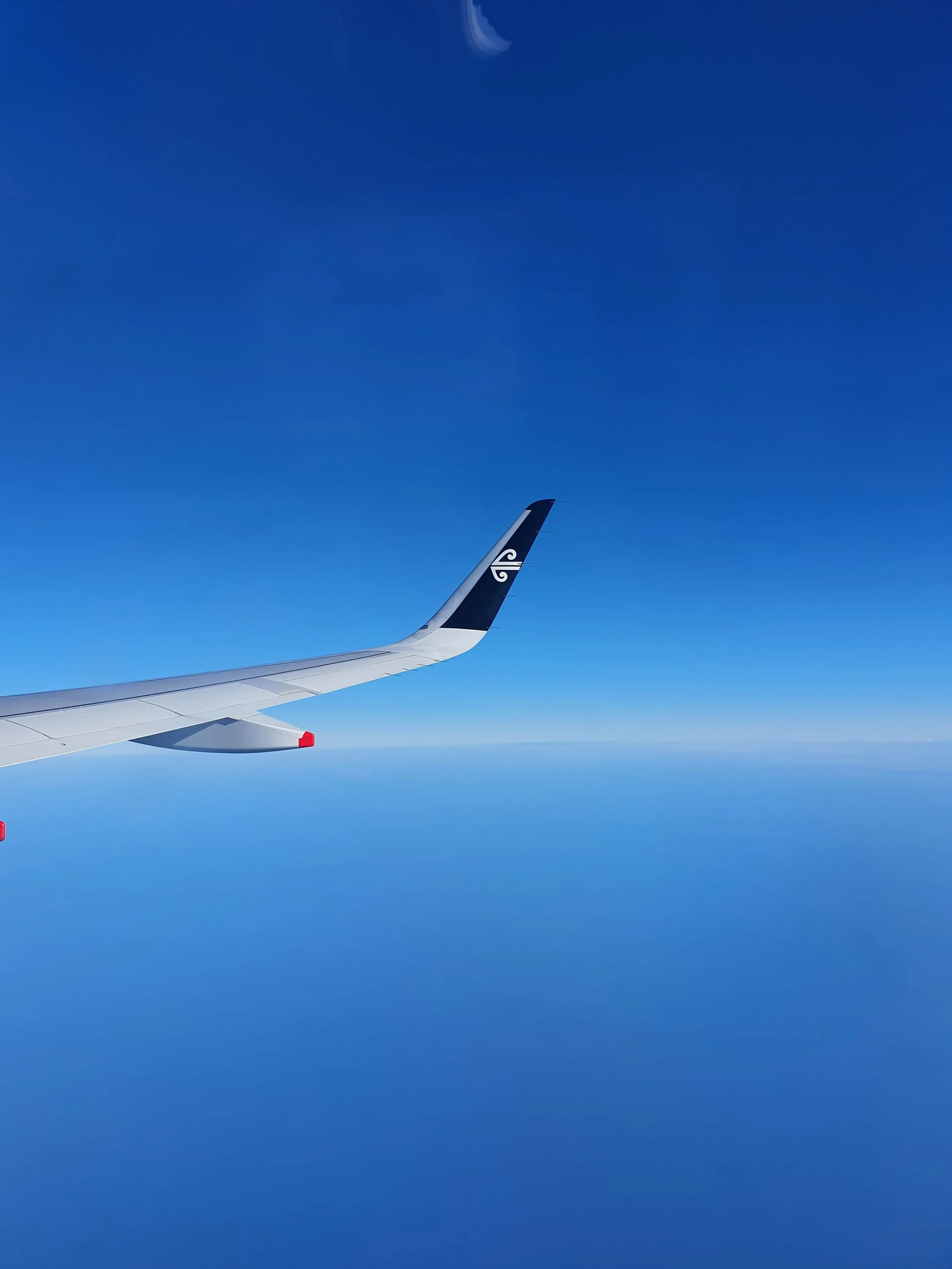 A photo of the winglet of an Air New Zealand plane with the horizon in the background on a flight from Auckland to Adelaide.