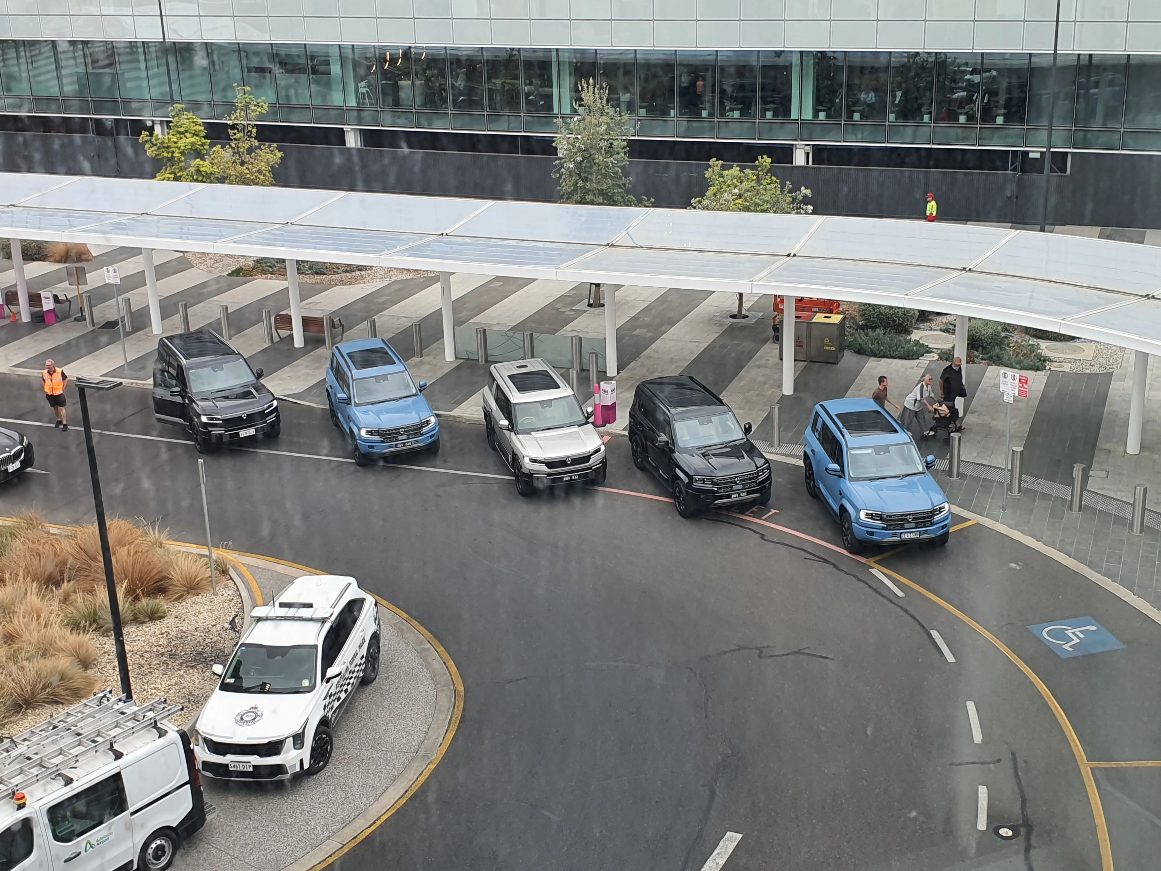 DENZA B5s & B8s lining up ahead of the Australia New Zealand launch of the brand and cars. Photo taken from the window of the Atura Hotel at Adelaide Airport.