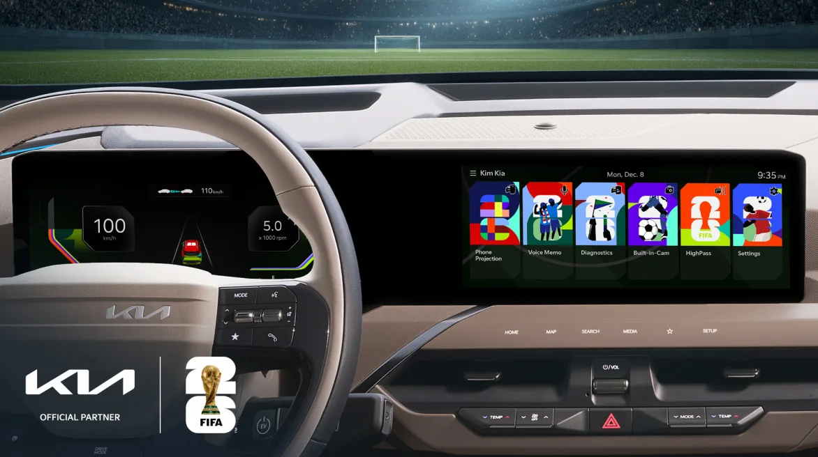 One of the 17 Kia FIFA World Cup 2026 infotainment themes on the inside of a Kia vehicle. 