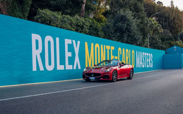 Photo of a red Maserati GranCabrio at the 2026 Rolex Monte-Carlo Masters.